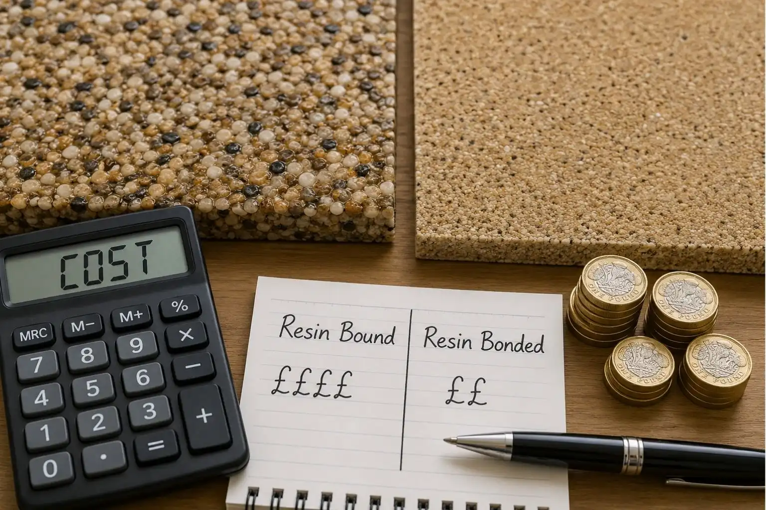 Resin Bound vs Resin Bonded surface cost comparison with calculator and UK coins.