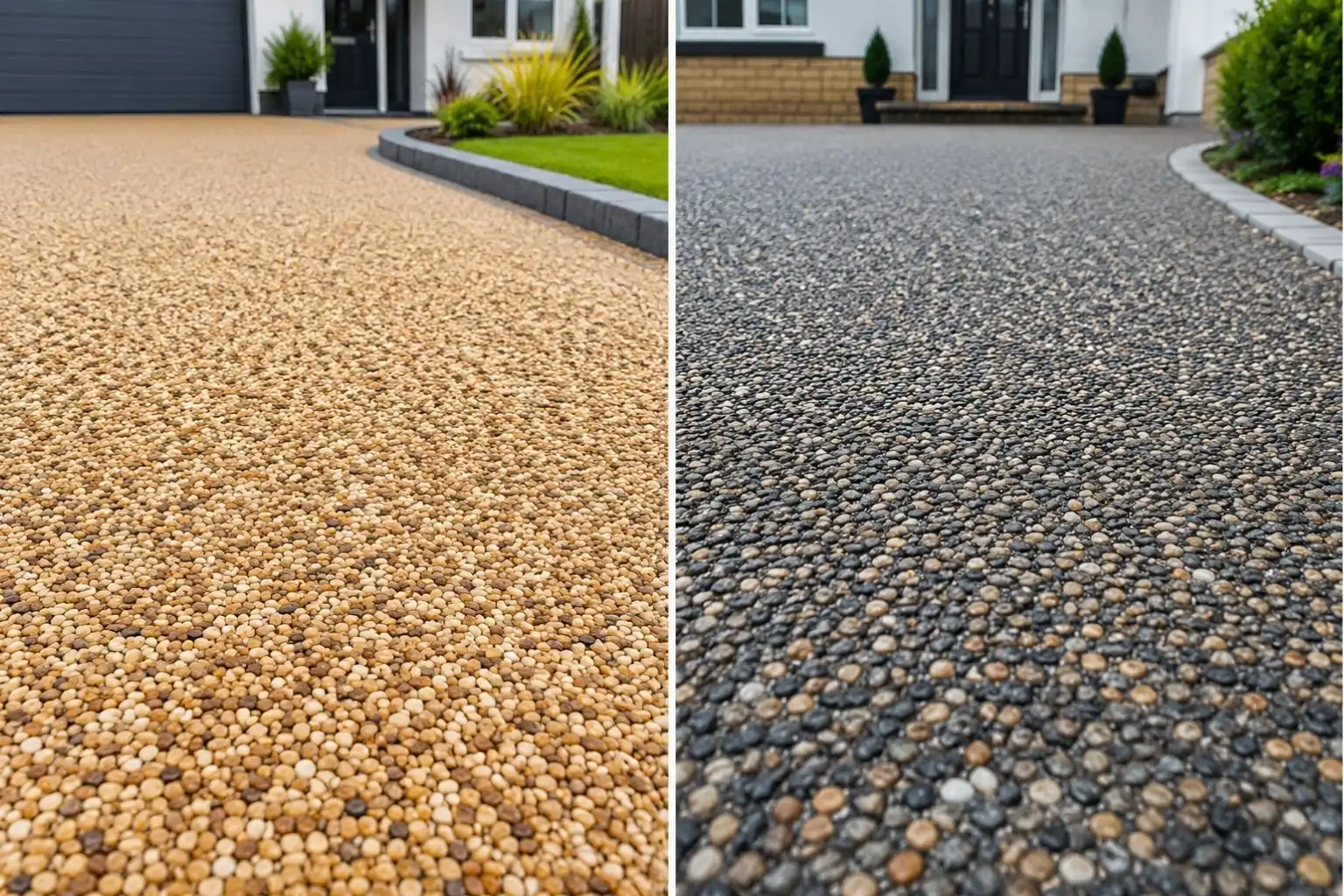 Resin bound and resin bonded driveway surfaces shown side by side for comparison.