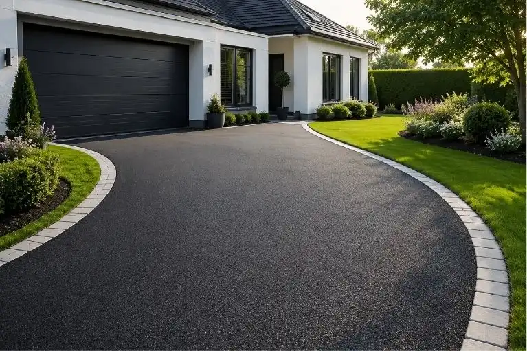 Smooth black tarmac driveway leading to a modern home with landscaped garden