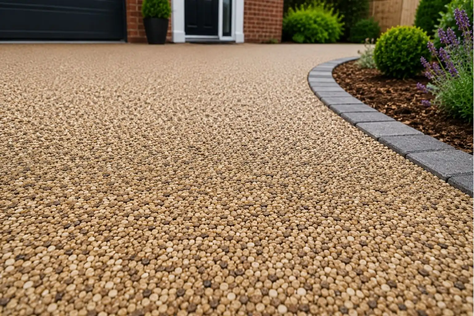Resin bound driveway with smooth natural stone finish outside a modern home entrance.