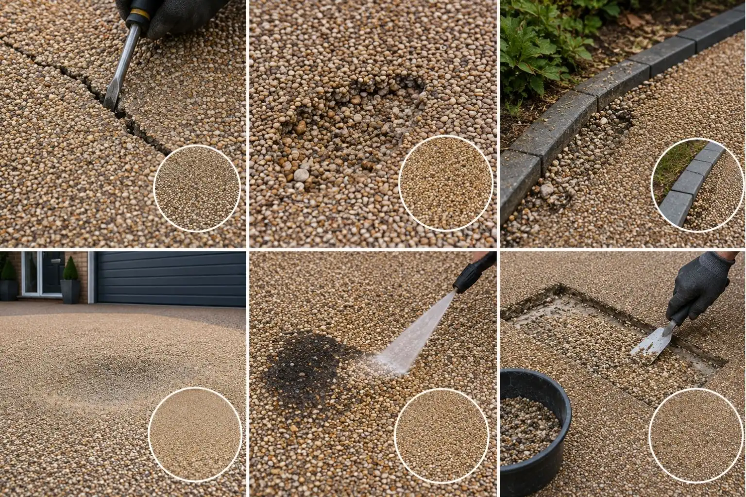 Six repairable resin driveway faults including cracks, loose stone and stains.